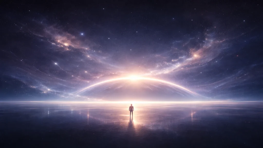 A solitary figure standing before a luminous cosmic horizon, symbolizing an inner journey and transformation.